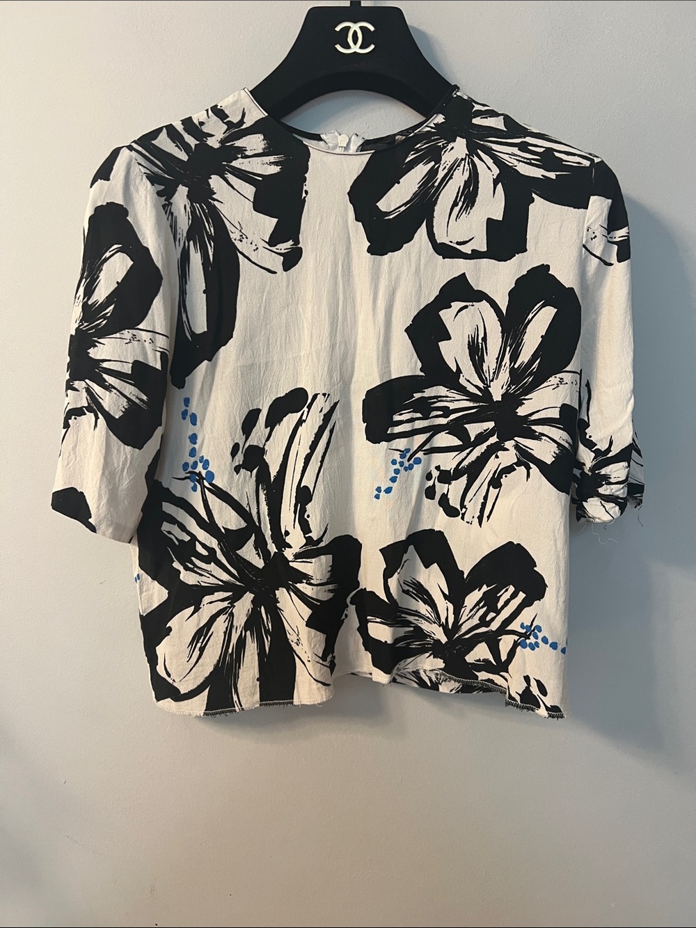 Zara Black and White Floral Crop Top with Blue Dot Accents